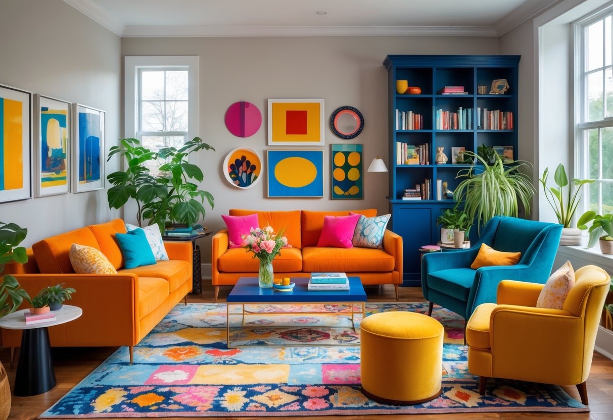 A living room with a variety of colorful furniture including a sofa, armchair, ottoman, bookshelf, plants, and a coffee table under natural light.