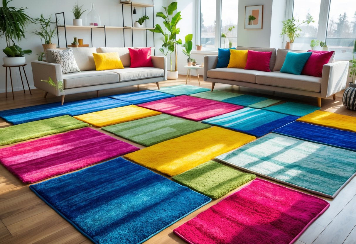 A living room with multiple colorful layered area rugs, a sofa, coffee table, and plants in a bright, well-lit space.