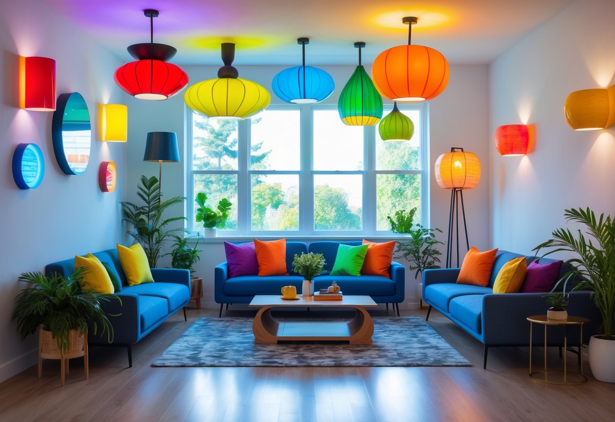 A bright living room with various colorful light fixtures and comfortable seating.