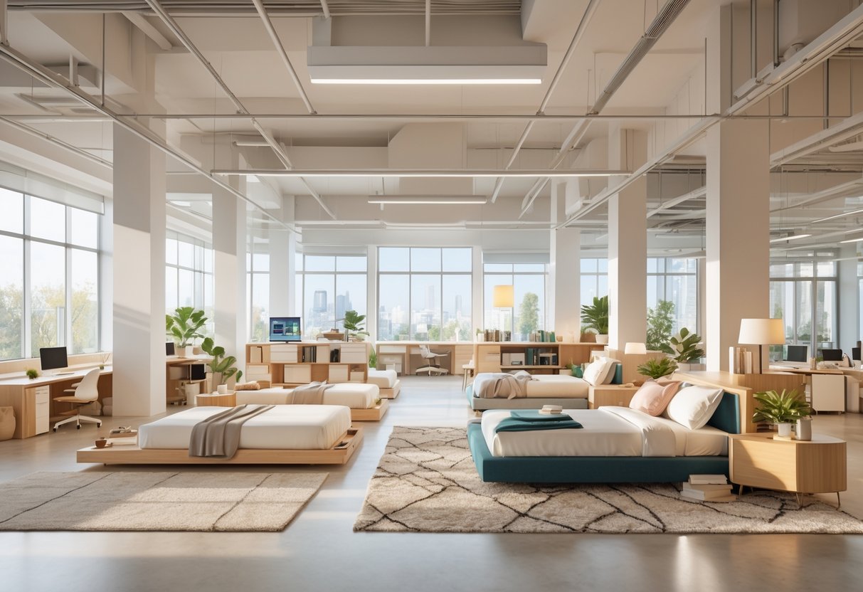 A large open office space featuring 10 different bedroom-style work areas with desks, beds converted to seating, and cozy decorations.