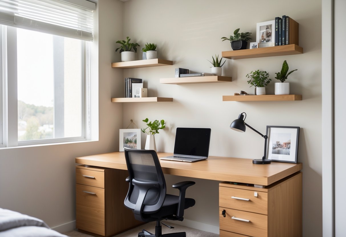 A bedroom office with a desk and floating shelves above it holding books and plants.