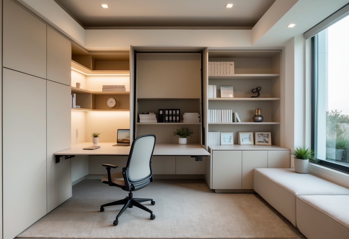 A modern home office with a fold-down desk folded against the wall, an ergonomic chair, shelves with books, and natural light from a window.