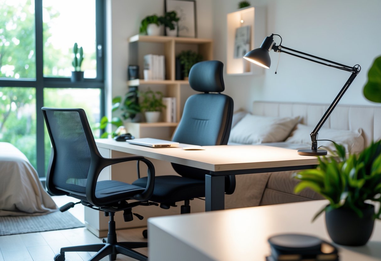 A bedroom converted into a home office with a desk, task lamp focused on the work area, ergonomic chair, and a neatly made bed in the background.