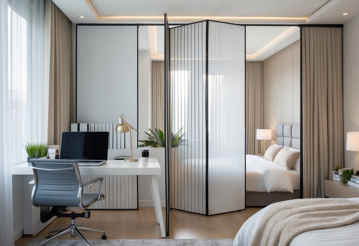 A bedroom with a room divider separating a workspace with a desk and chair from a bed on the other side.