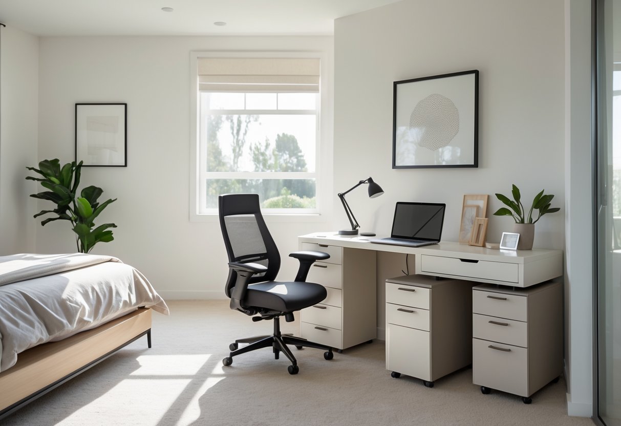 A bedroom converted into an office with a desk that has built-in drawers, a chair, a bed, and natural light coming through a window.