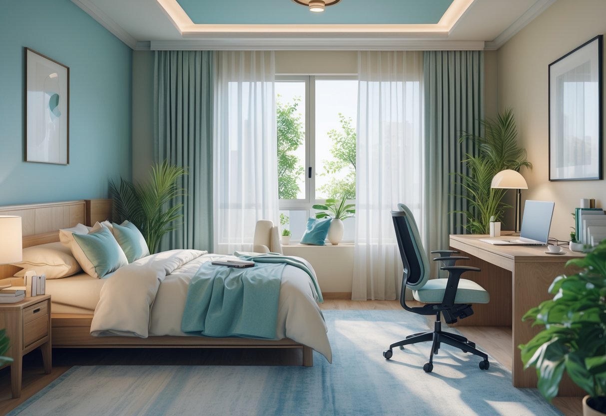 A bedroom converted into an office with a desk, chair, bed, plants, and natural light coming through a window.