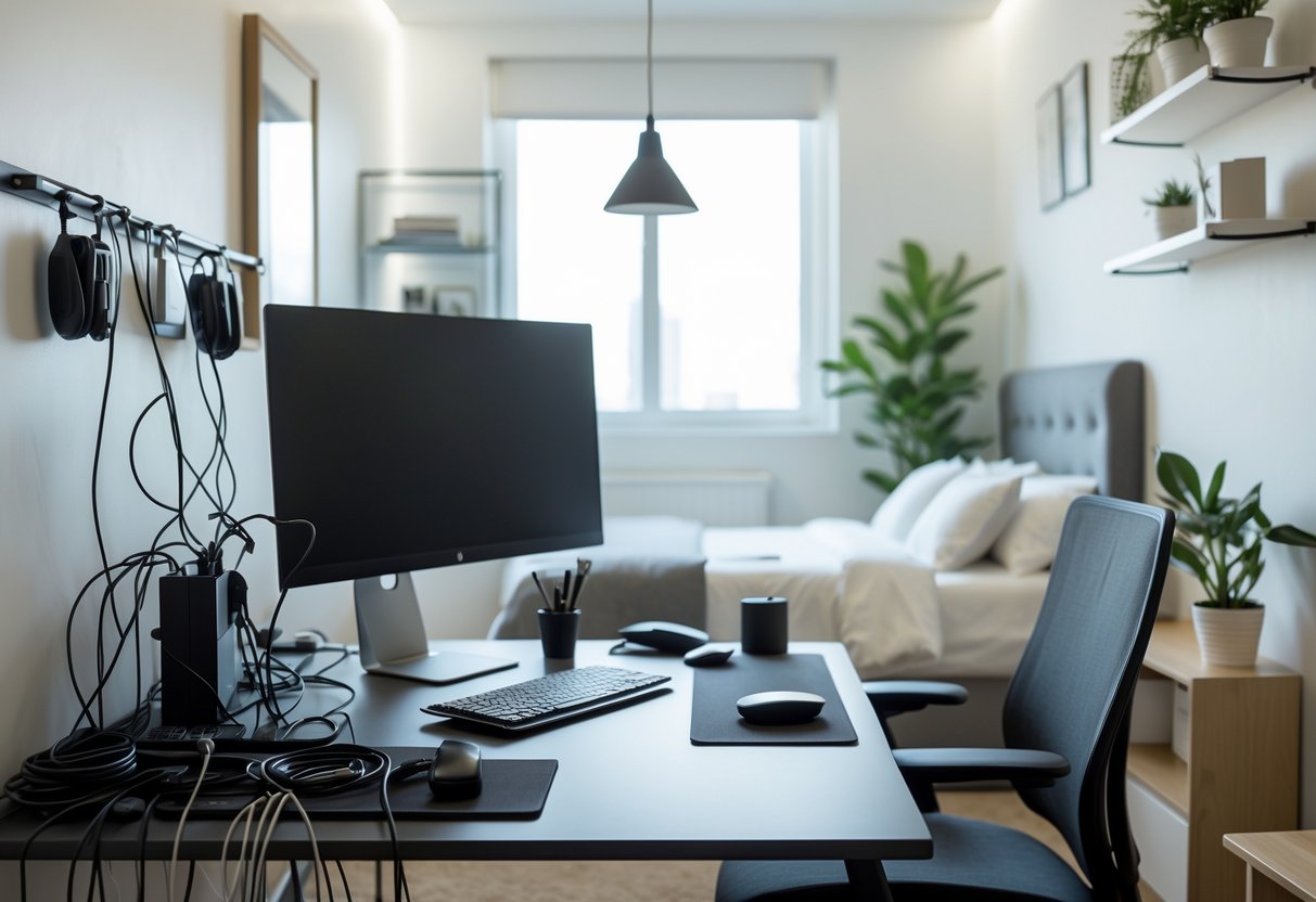 A bedroom office with a clean desk and organized cables, featuring a computer, ergonomic chair, bed, and shelves in a tidy workspace.