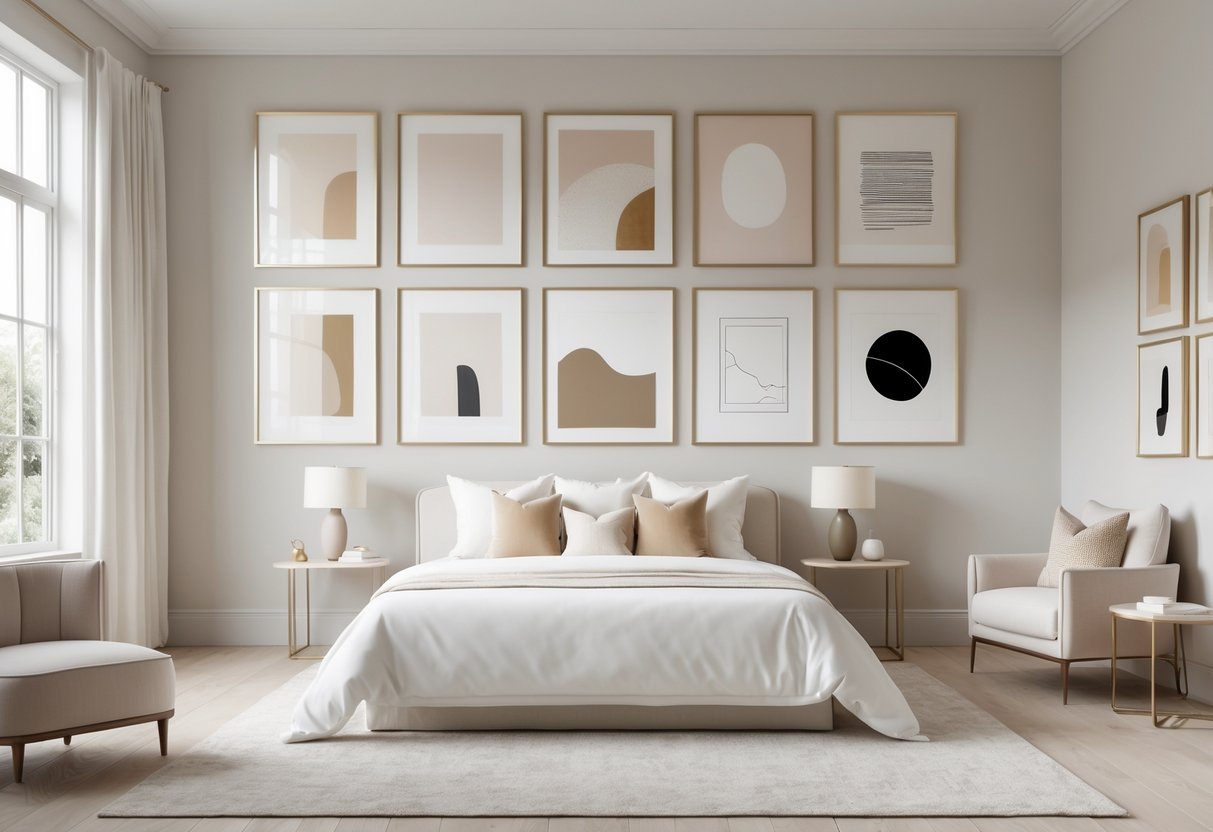 A bright and tidy bedroom with a large gallery wall displaying ten framed artworks above the bed.