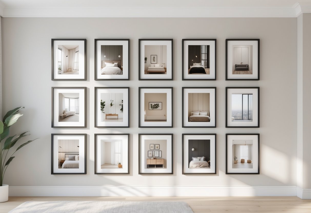 A wall with ten evenly spaced picture frames arranged in a symmetrical grid, each displaying bedroom images.