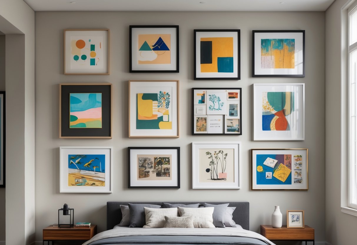 A bedroom wall displaying ten diverse framed artworks arranged in a gallery style.