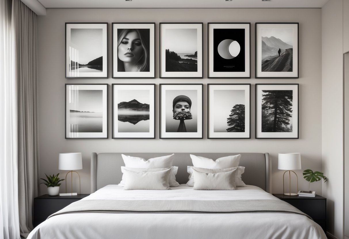 A bedroom with a gallery wall of ten black and white framed photographs above the bed.