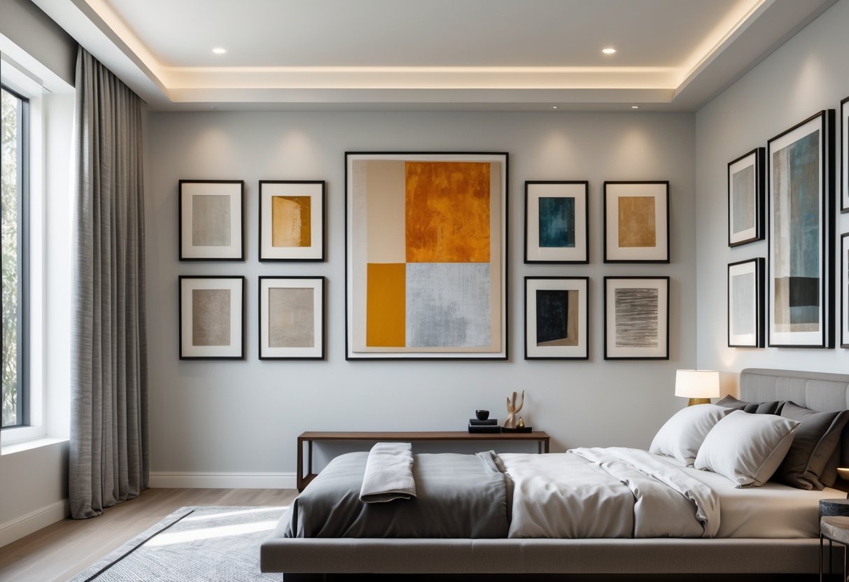 A bedroom with a gallery wall of ten framed artworks, featuring a large bold piece in the center above a bed.