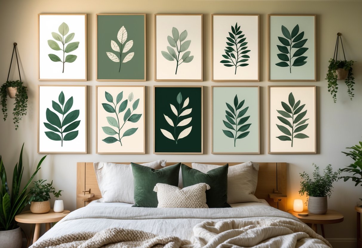 A bedroom with a wall displaying ten framed nature-themed artworks above a neatly made bed with neutral bedding.