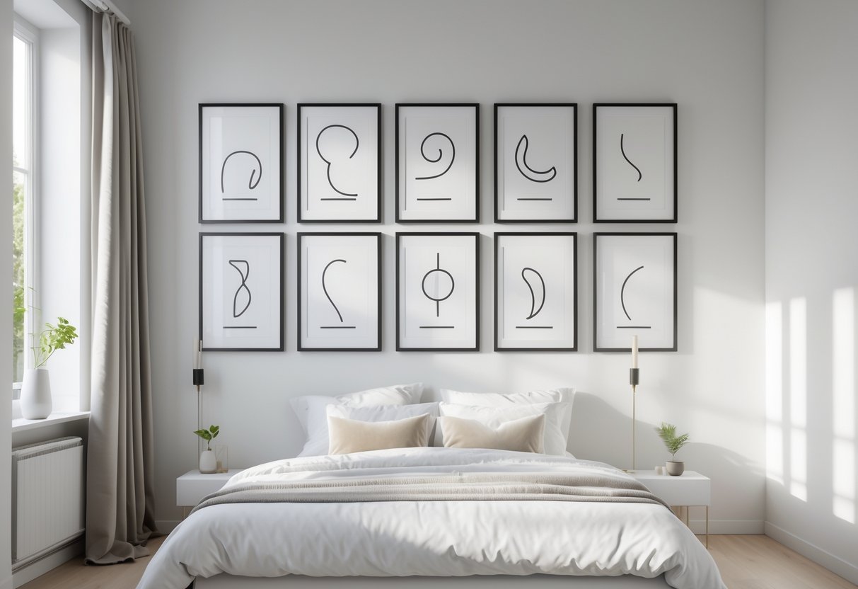 A bedroom with a neatly made bed and a wall displaying ten framed simple line art drawings arranged in a grid above it.