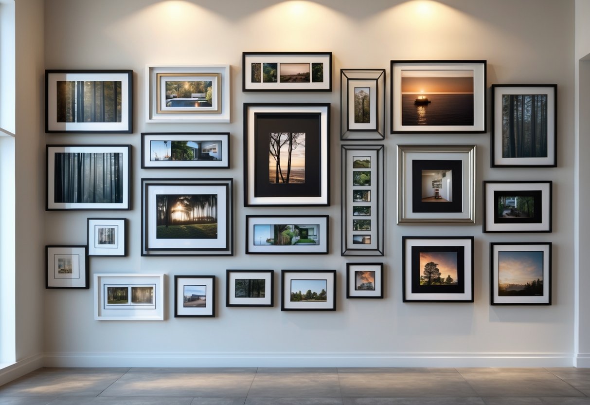 A gallery wall with ten overlapping picture frames arranged on a neutral wall in a well-lit room.