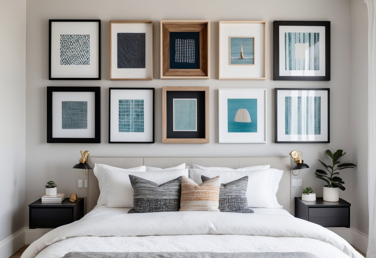 A bedroom with a gallery wall above the bed featuring ten frames made from different materials and textures.