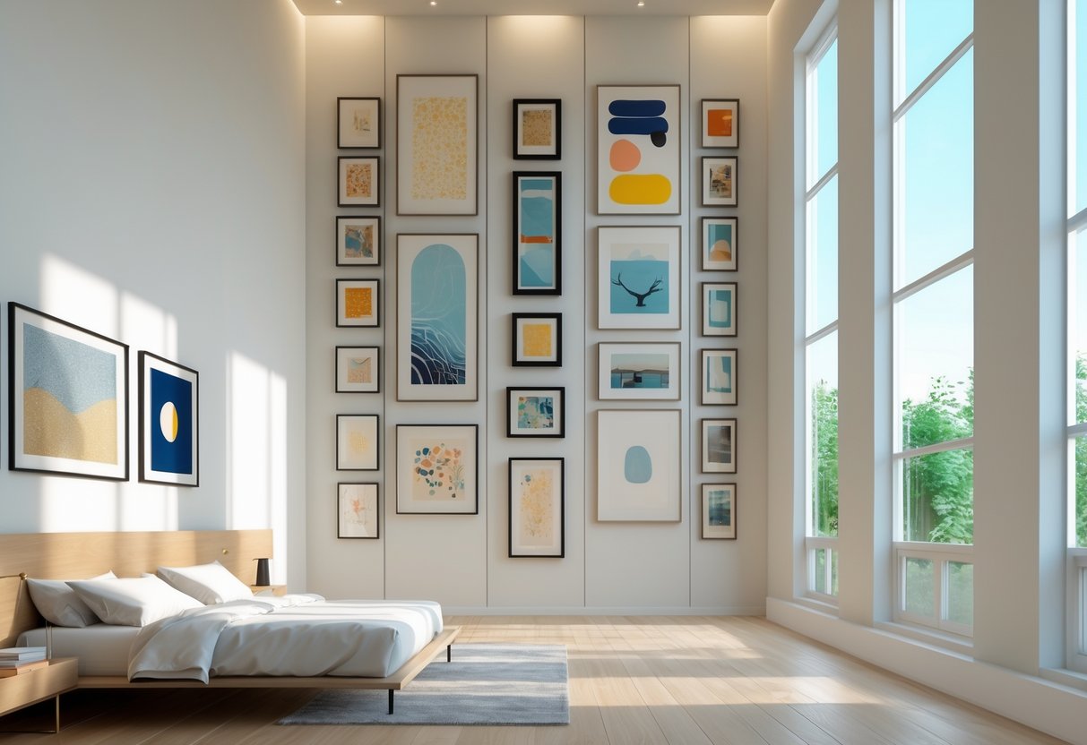 A tall vertical gallery wall with ten framed artworks in a bright bedroom emphasizing the room's high ceiling.