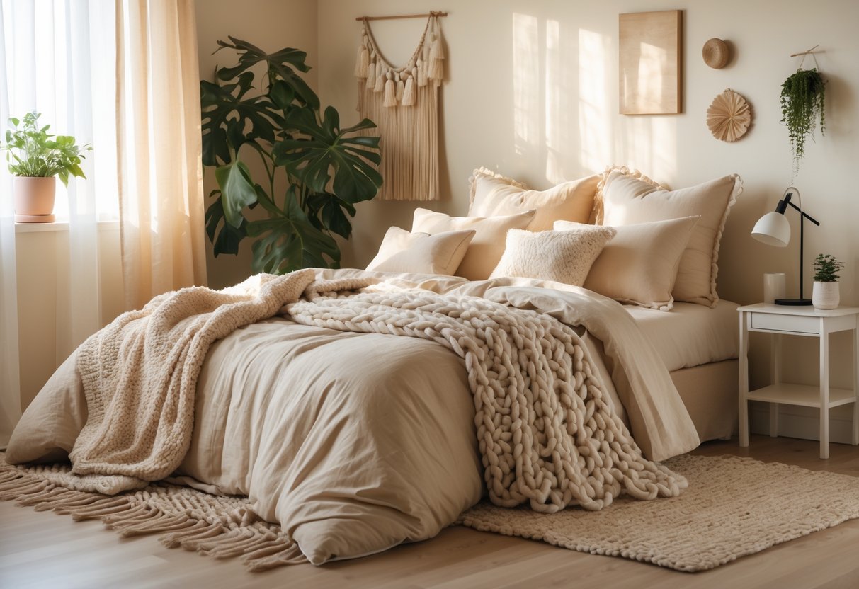 A cozy bedroom with a large bed, soft pillows, a knit throw blanket, plants, and natural light coming through sheer curtains.