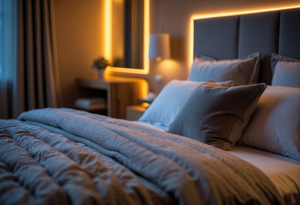 A cozy bedroom softly lit by warm dimmable LED lights creating a relaxing and inviting atmosphere.