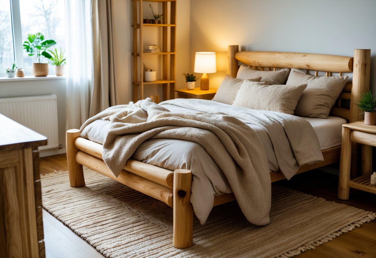A cozy bedroom with natural wood furniture, soft bedding, a nightstand with a plant and lamp, and natural light coming through a window.