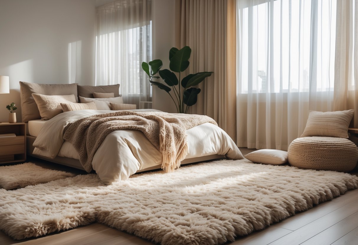 A cozy bedroom with a comfortable bed, plush area rugs on the floor, natural light coming through windows, and simple decor.