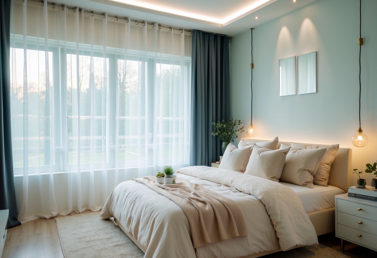 A cozy bedroom with a large window covered by sheer white curtains and dark blackout panels, featuring a neatly made bed and soft natural light.