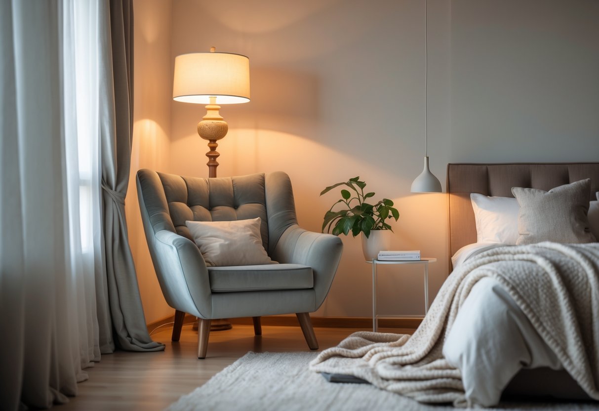 A cozy reading nook with a cushioned armchair and a floor lamp in a softly lit bedroom.