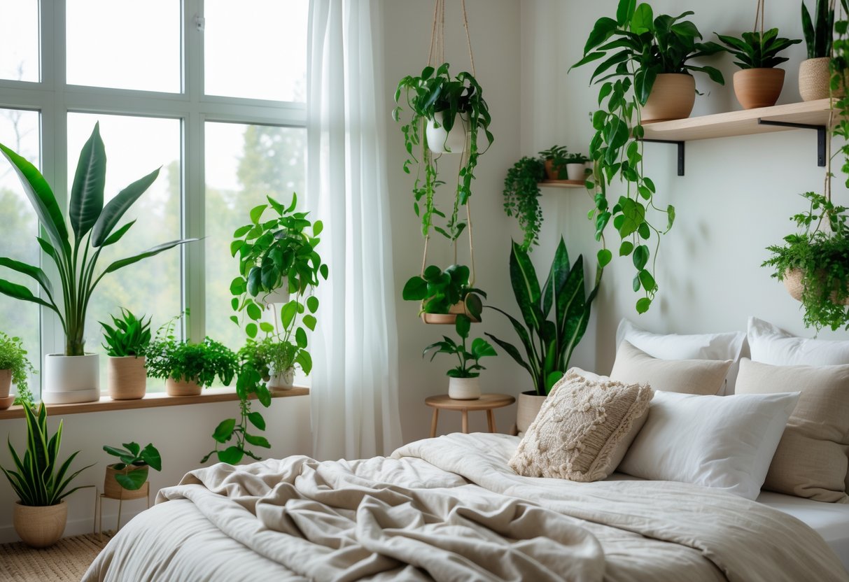 A cozy bedroom with a comfortable bed and various low-maintenance indoor plants placed around the room.