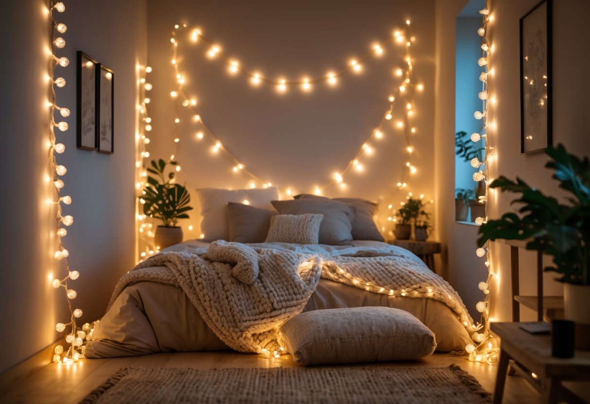 A cozy bedroom with a bed surrounded by warm glowing string lights and soft pillows, creating a peaceful and inviting atmosphere.