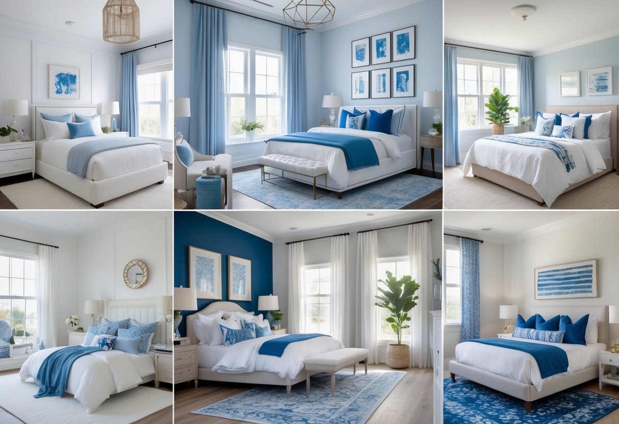 A collage of ten bedrooms featuring white walls and blue accents in bedding and decor.