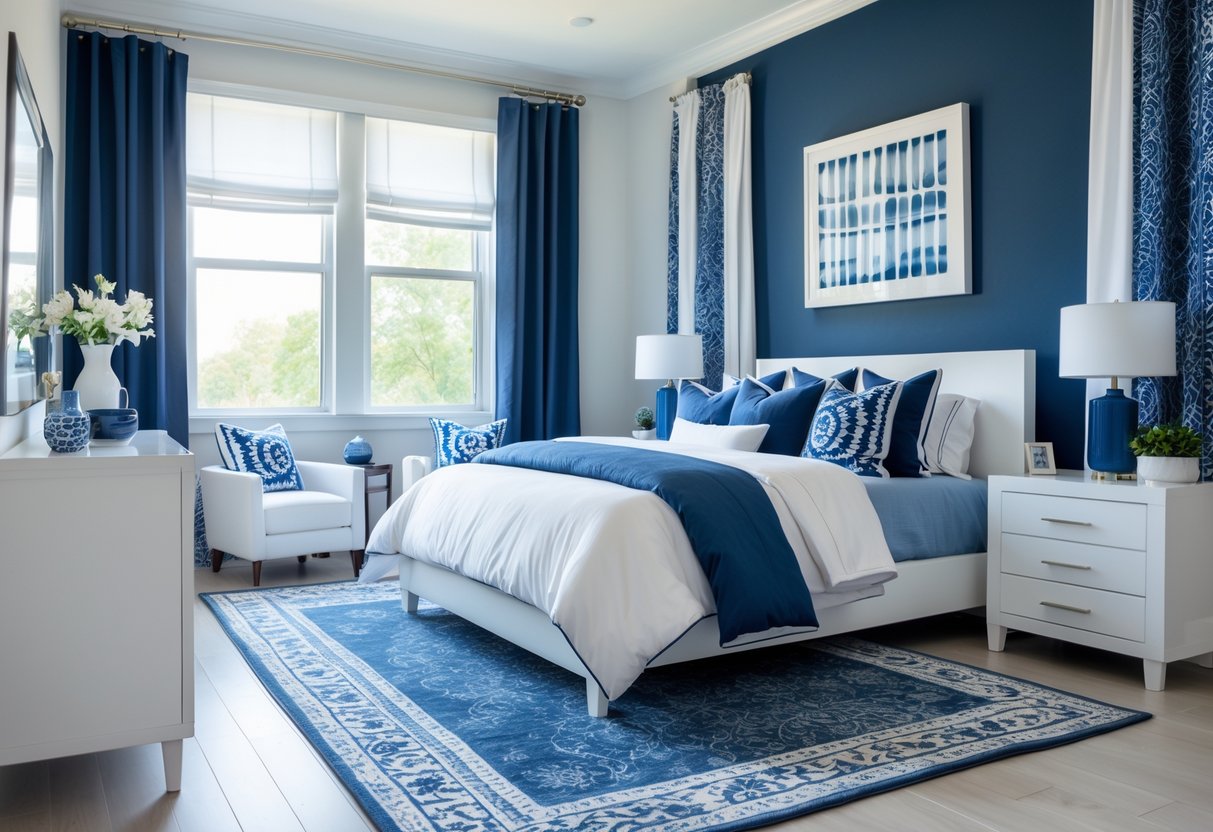 Bedroom with a navy blue accent wall and white furniture including a bed, nightstand, and dresser.