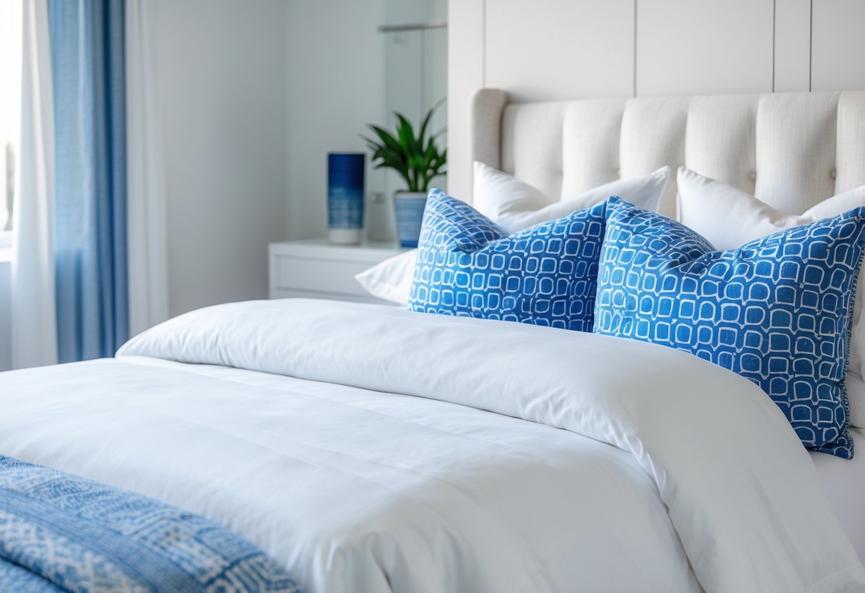 A white bed with blue geometric throw pillows in a bright bedroom.