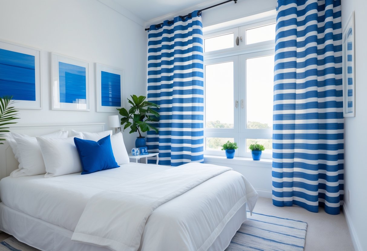 A bedroom with blue and white striped curtains, a neatly made bed with blue and white bedding, a bedside table with a lamp, and natural light coming through the window.