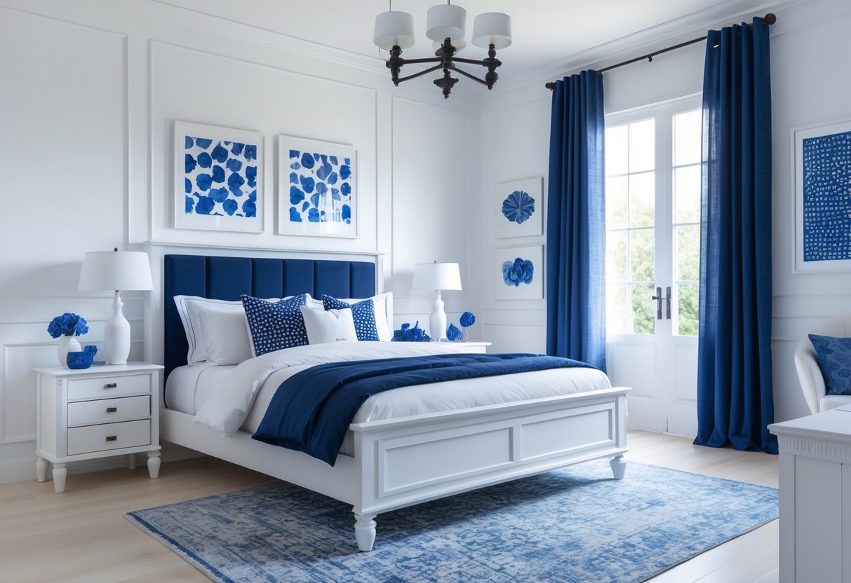A bedroom with a white wooden bed frame and navy blue headboard, decorated with white and blue bedding and various blue and white decor elements.
