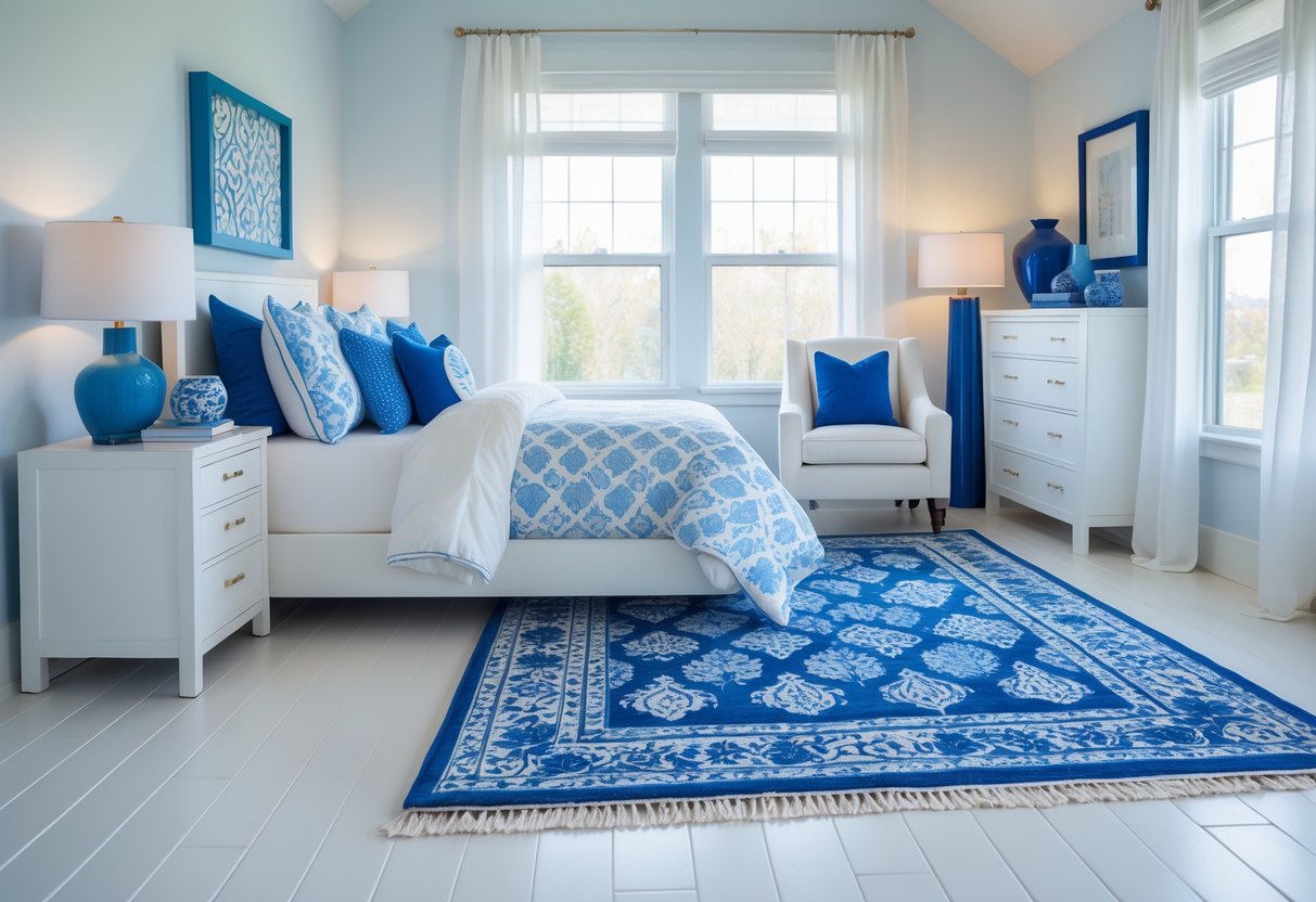 A bedroom with a blue patterned rug on a white hardwood floor, featuring white and blue bedding and decor.