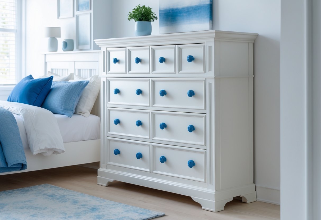 A white dresser with blue ceramic knobs in a bright bedroom with blue and white decor.