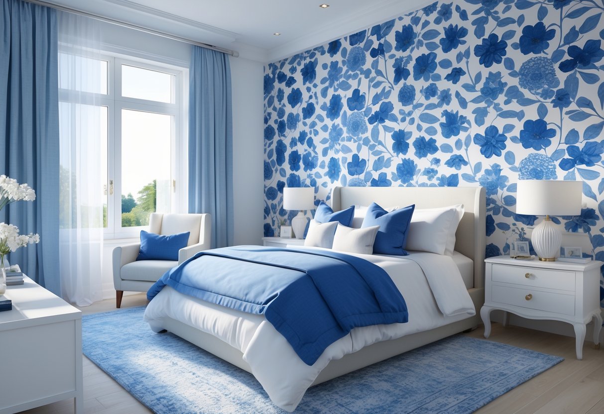 A bedroom with blue and white floral wallpaper, a bed with matching bedding, and natural light coming through windows.