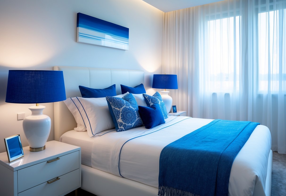 A bedroom with white bedside lamps that have blue lampshades on white nightstands next to a neatly made bed with white and blue bedding.