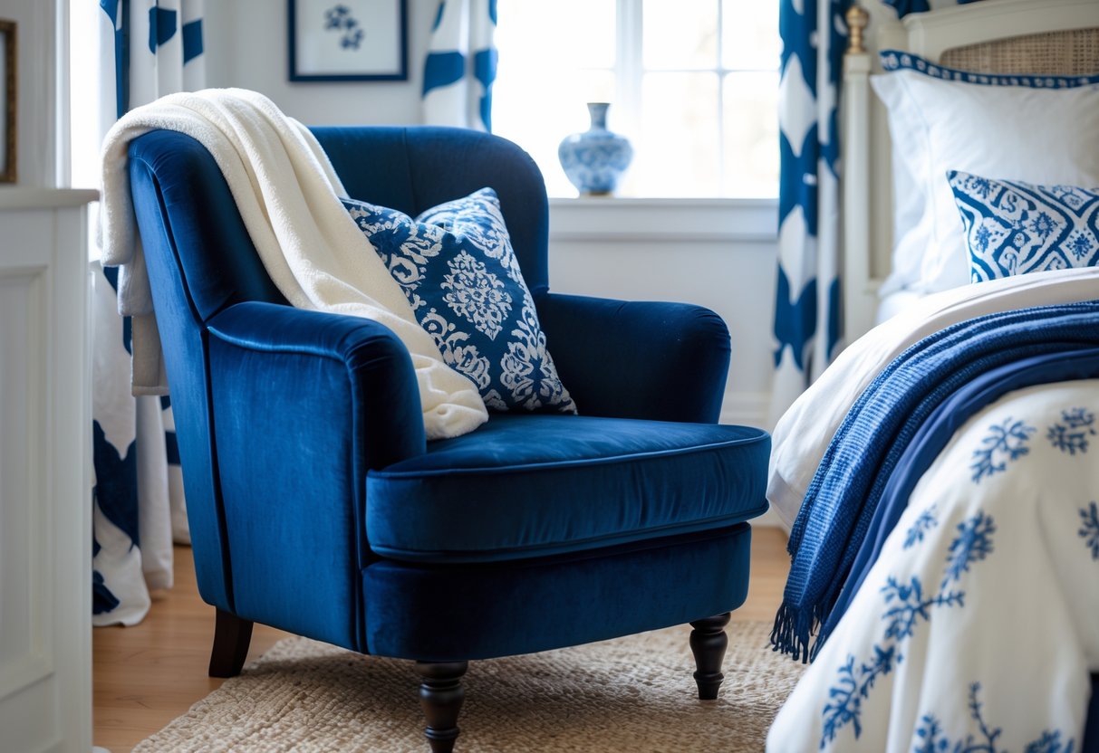 A navy blue velvet armchair with a white throw in a bedroom decorated with white and blue colors.