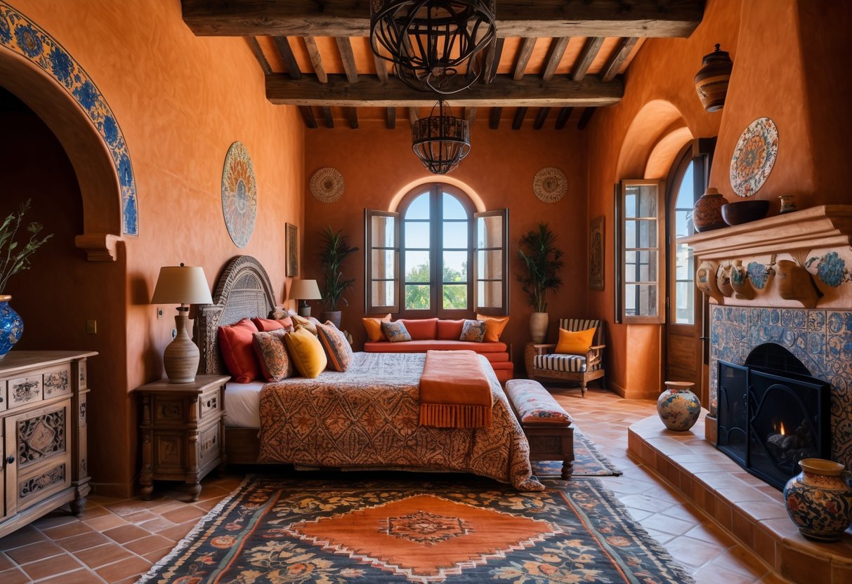 A cozy bedroom with a large bed, wooden furniture, warm lighting, and decorative accents.