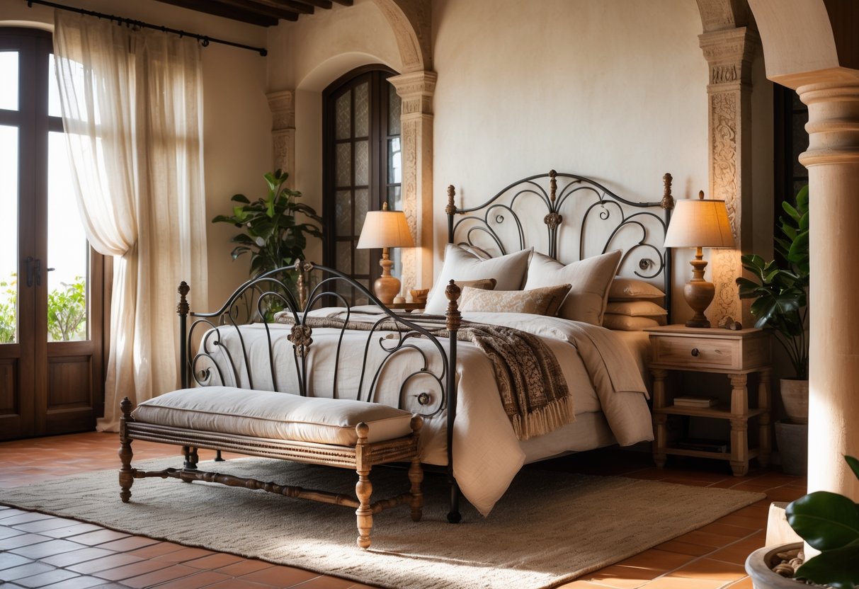 A bedroom with a wrought iron bed frame, soft bedding, wooden nightstands, plants, and warm natural light.