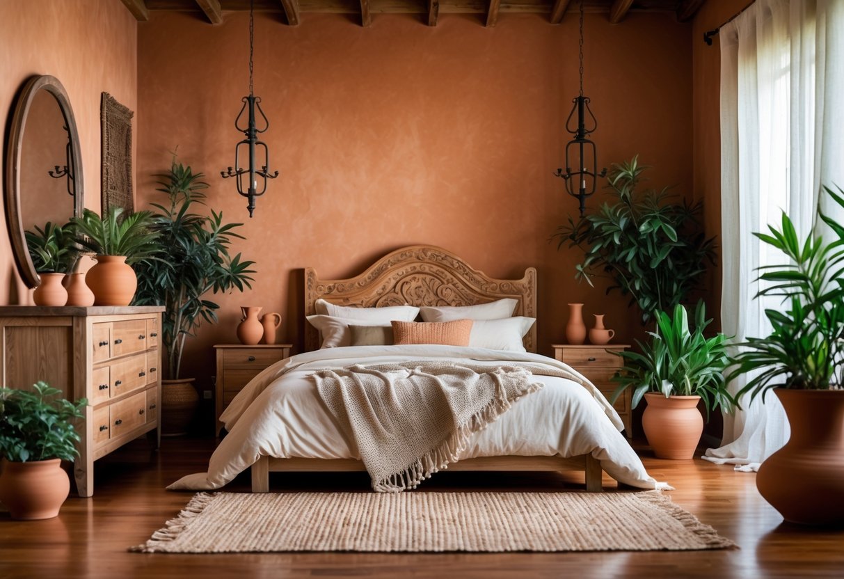 A bedroom with a terracotta-colored accent wall, wooden furniture, a neatly made bed, plants, and warm natural lighting.