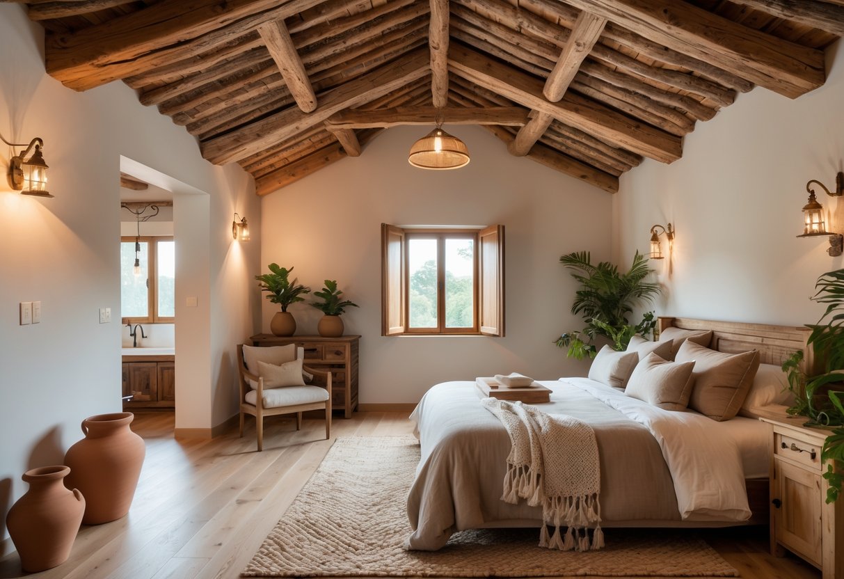 A cozy bedroom with wooden ceiling beams, a bed with neutral linens, plants, and warm natural lighting.