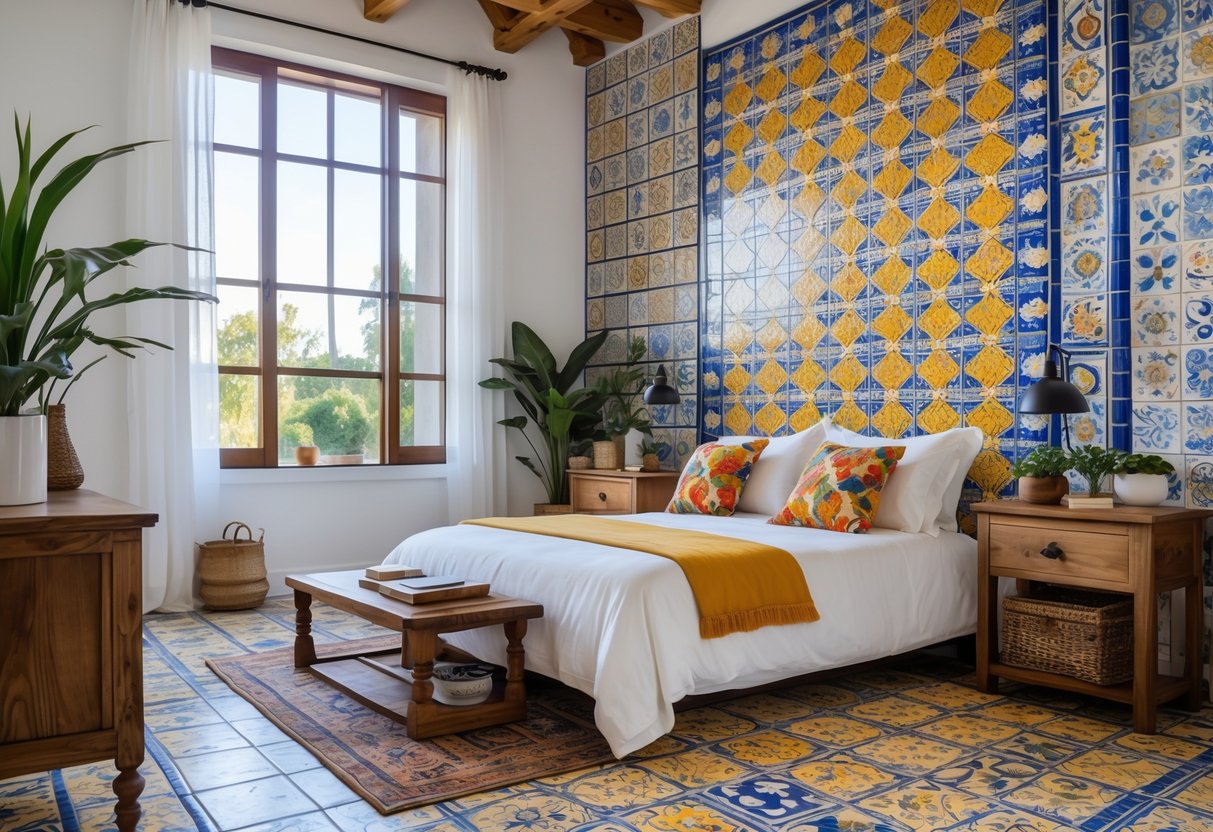 A bright bedroom with a bed, colorful tiled wall, patterned tiled floor, wooden furniture, and plants.
