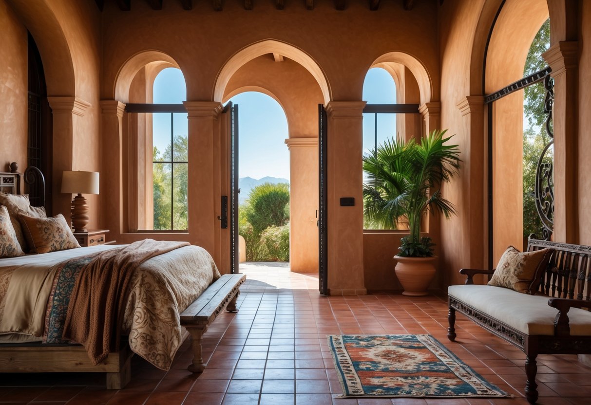 A cozy bedroom with a bed near several arched doorways, warm lighting, and rustic furniture.