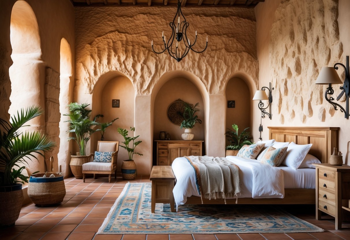A cozy bedroom with textured plaster walls, a wooden bed, rustic furniture, and warm natural lighting.