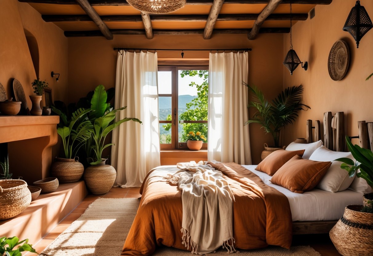 A cozy bedroom with warm earth tones, wooden beams, terracotta tiles, and soft natural lighting.