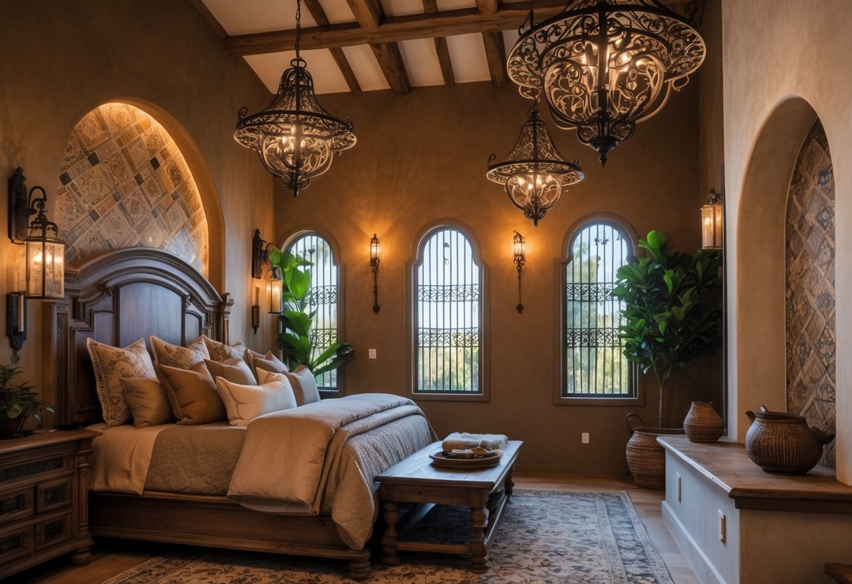 A cozy bedroom with a large bed, ornate iron light fixtures, wooden furniture, and warm lighting.