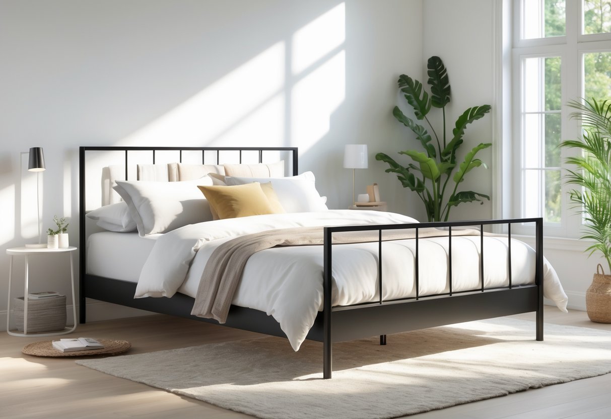 A bright bedroom with a black metal bed frame, white bedding, a bedside table with a lamp, a rug, and a potted plant near a large window.