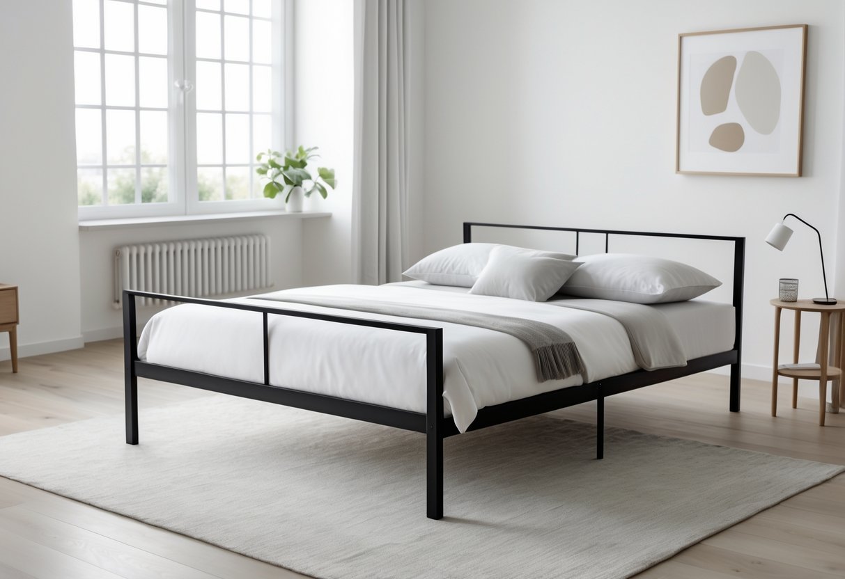 A black metal bed frame in a bright bedroom with neutral bedding and simple decor.